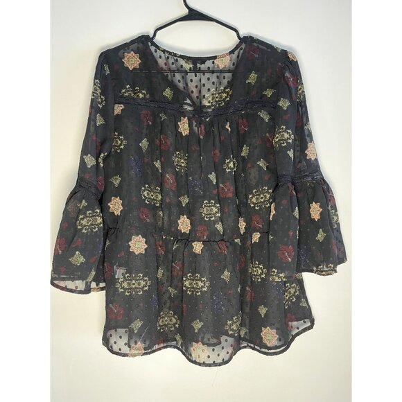 Lucky Brand Tops - Lucky Brand Peasant Blouse Size L Black Sheer Floral Bell Sleeve Swiss Dot